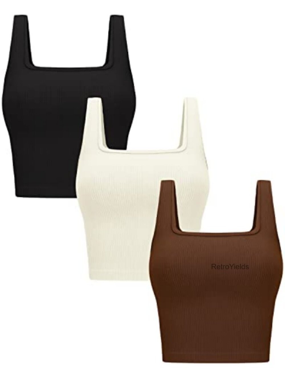 Womens 3 Pack Ribbed Seamless Square Neck Crop Tank Tops Workout Yoga Gym